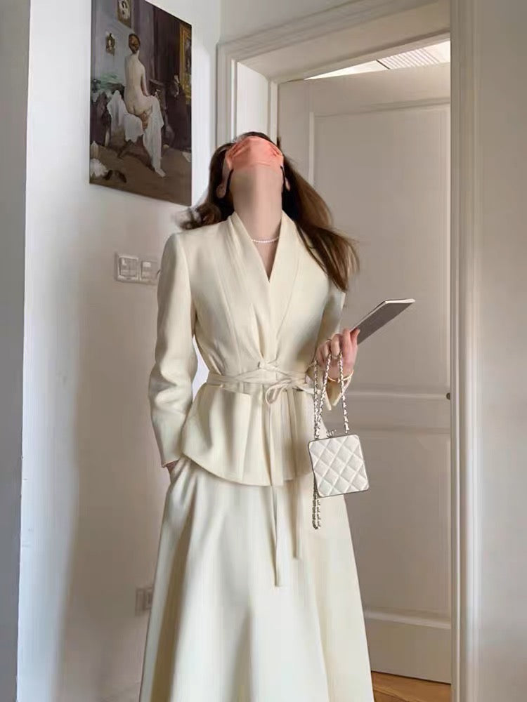 2023 Spring and Autumn New Retro Style Goddess Style Lace-up Blazer with Swing Skirt Two-piece Suit for Women