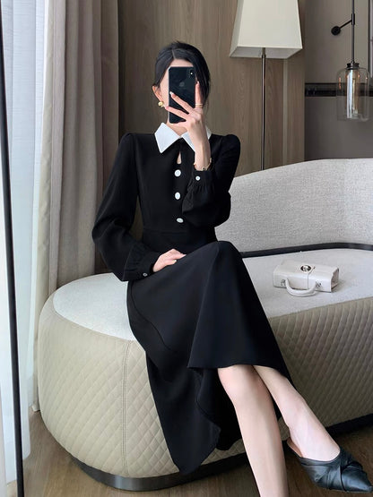 Guo Ge's black dress for women 2023 autumn new French retro slim Hepburn style long skirt with drape