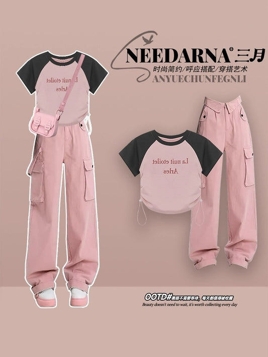 American retro sports suit overalls new dopamine sweet and spicy summer women's gray pink outfit two-piece set