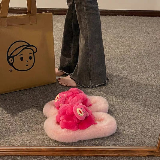 High-end cute strawberry bear fur shoes for women for outer wear 2023 autumn and winter new plush indoor home cartoon cotton slippers (S0713)