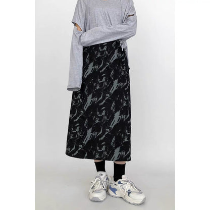 Slightly fat large size tie-dye retro woolen skirt women's A-line skirt fat mm skirt spring high-waisted mid-length pear-shaped skirt A3362