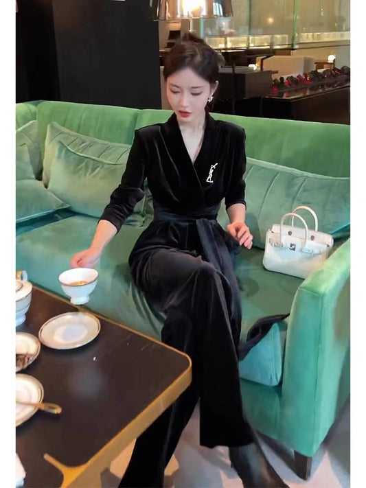 2023 new autumn and winter high-end light luxury chic high-end temperament black gold velvet jumpsuit for women