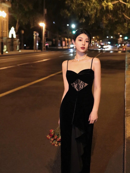 Thirteen and Little French suspender dress women's summer velvet stitching lace black waist temperament long skirt