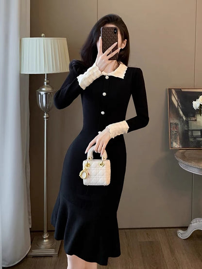 Celebrity Xiaoxiangfeng Knitted Dress 2023 New Elegant Temperament Showing Figure-Breaking Hip Skirt Slim Hem D5590