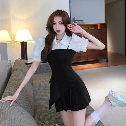 Small slim-fitting high-end pleated skirt suit for women summer chic shirt splicing irregular dress two-piece set