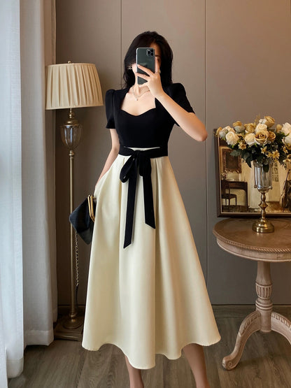 French style small fragrance square collar dress women 2023 summer new Hepburn style high-quality temperament high waist slimming dress