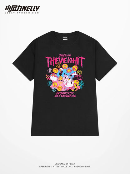 Colorful graffiti print short-sleeved T-shirt for men and women summer 2024 new pure cotton loose round neck boys T-shirt top