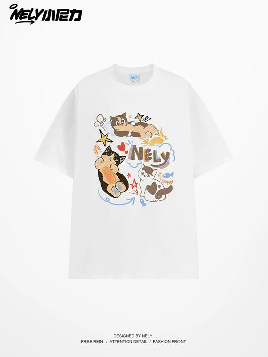 American cartoon cat print round neck short sleeve men and women summer 2025 couple pure cotton t-shirt half sleeve bottoming shirt trend