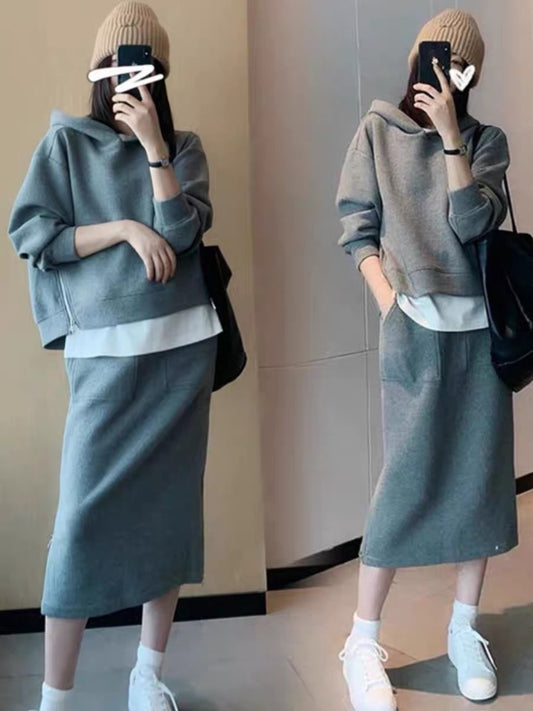Maternity wear autumn 2023 new suit hooded sweatshirt casual gray skirt spring autumn winter fashion pregnant mother wear