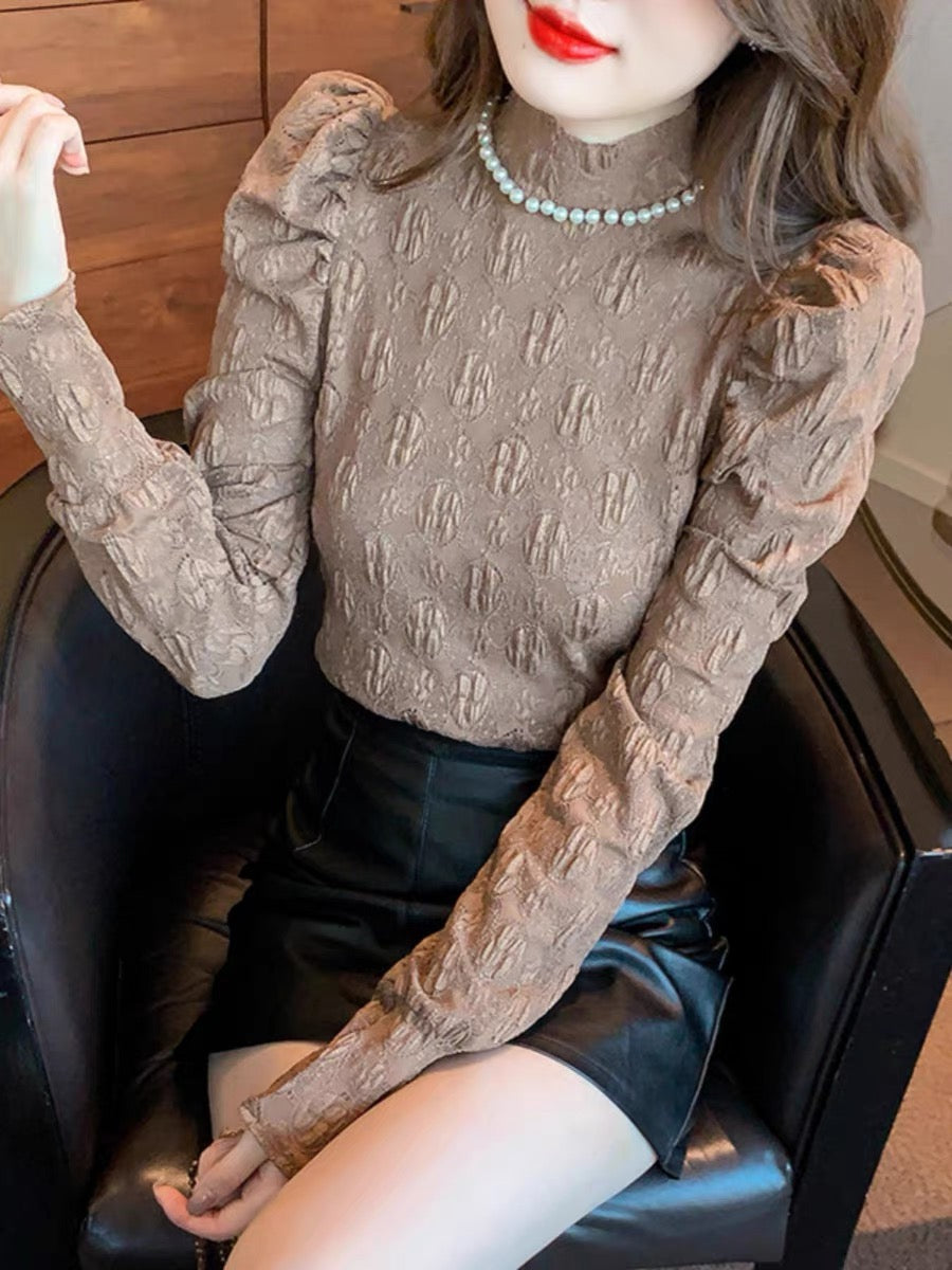 French beaded half turtleneck puff sleeve lace shirt for women autumn and winter new style slim and fashionable inner layering shirt top (B2313)