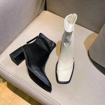 Uncle MJ square toe back zipper design, thin, versatile and easy to wear chunky heel ankle boots