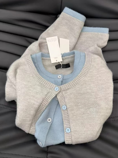 Grey-style" faux-layered knitted cardigan for women – a sophisticated, spliced-design knit sweater from the 2026 spring/autumn collection.