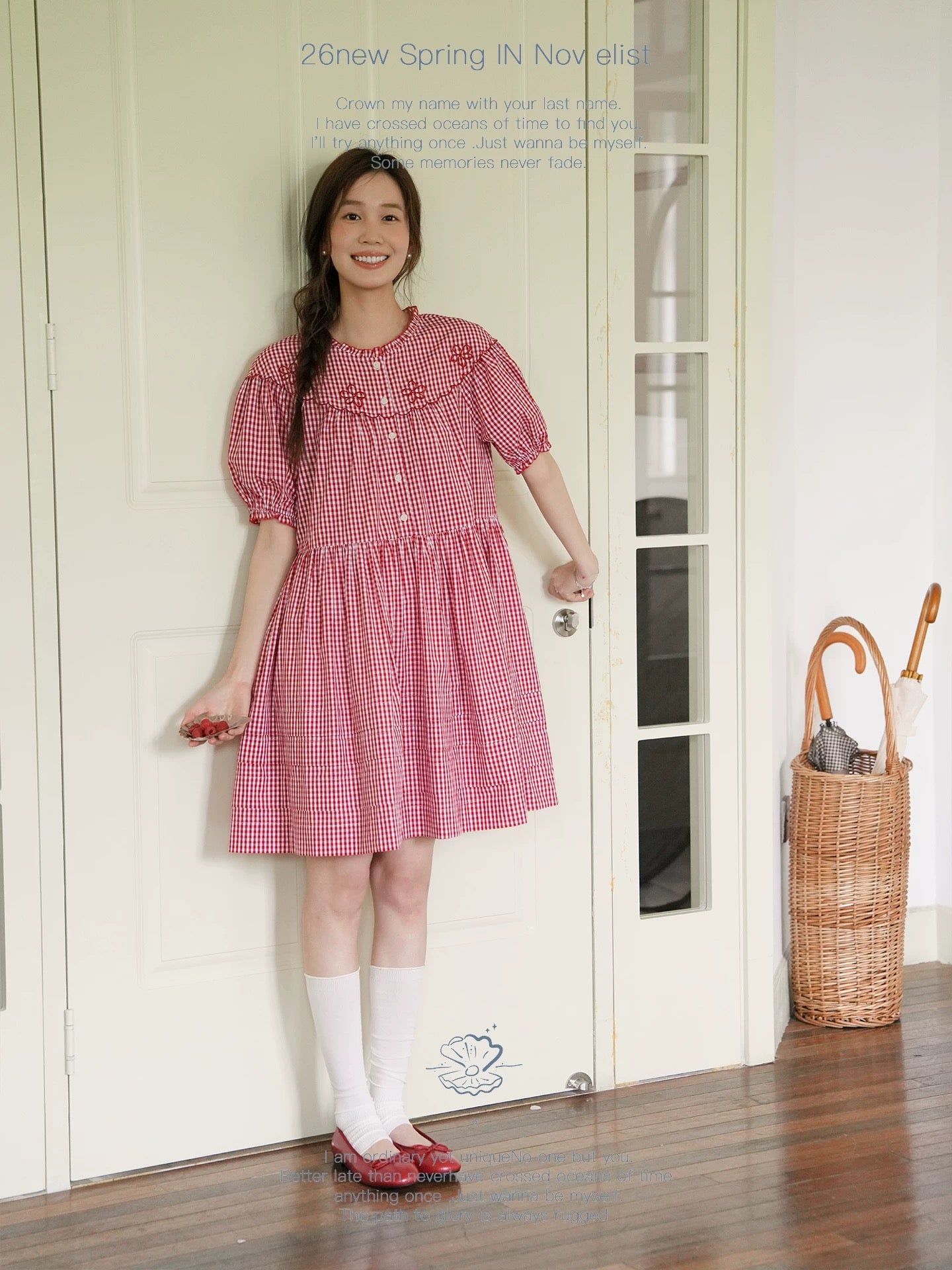 Nov elist One French-style ruffled collar dress for women, summer retro red plaid midi dress
