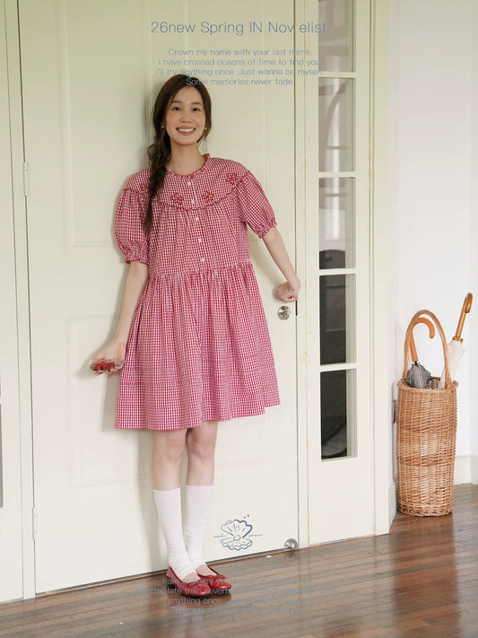 Nov elist One French-style ruffled collar dress for women, summer retro red plaid midi dress