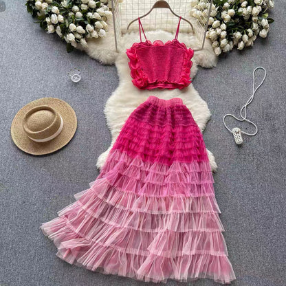High-end lady suit female three-dimensional flower mesh camisole fairy mesh half-length skirt two-piece set (S0983)
