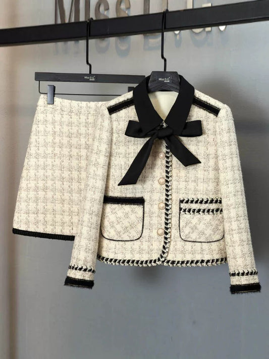 Miss DG small fragrance suit for women autumn and winter bow tie design short coat slimming skirt two-piece set