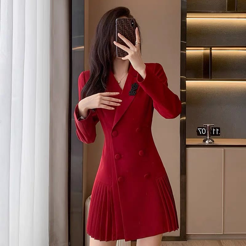 2023 Spring New Style Small Short Double-breasted Pleated Small A-Line Jacket Suit Skirt