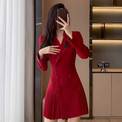 2023 Spring New Style Small Short Double-breasted Pleated Small A-Line Jacket Suit Skirt