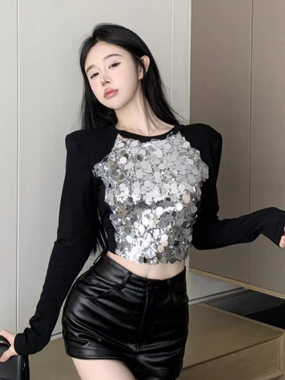 Early autumn heavy industry large sequined long-sleeved T-shirt for hot girls with tight-fitting design, fashionable and contrasting color splicing short top