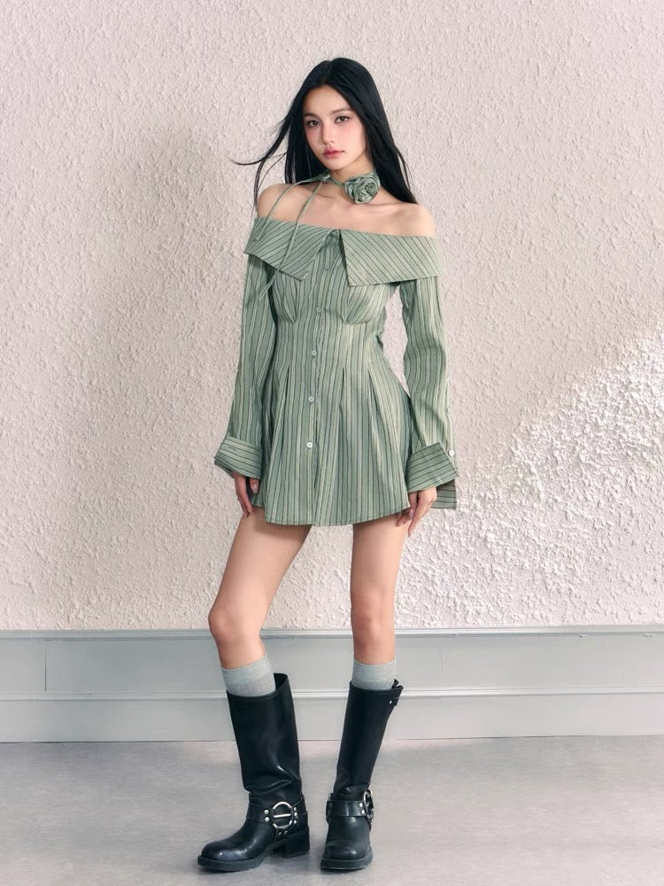 AGAM original design French niche pure lust style one-shoulder lapel waist dress striped off-shoulder shirt dress
