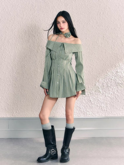 AGAM original design French niche pure lust style one-shoulder lapel waist dress striped off-shoulder shirt dress