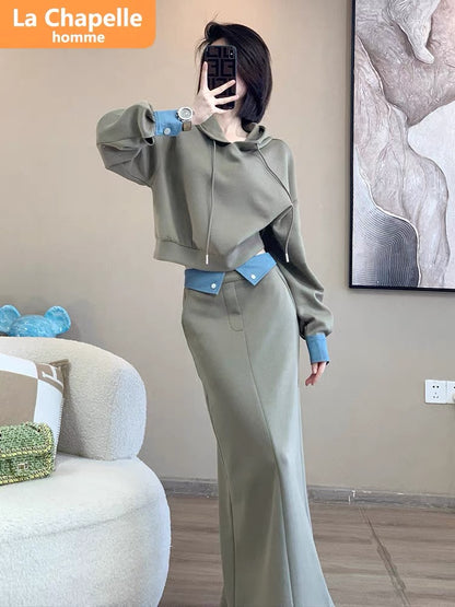 La Chapelle casual sports suit skirt women's autumn 2023 new hooded sweatshirt design skirt two-piece set