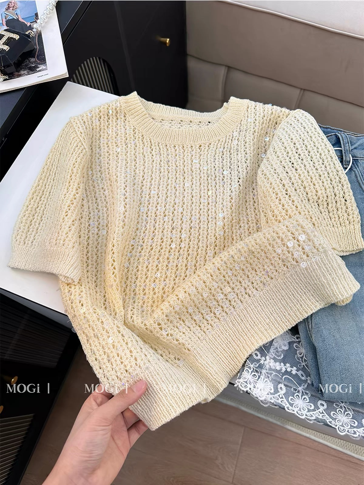 Women's Summer T-Shirt: Stylish, Chic, and Unique Design Featuring Heavy-Duty Sequins, a Round Neck, and Short Sleeves—A Slimming Top with a Distinctive Flair.