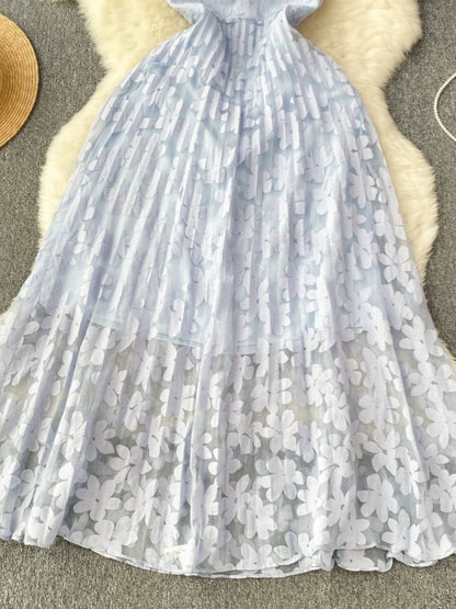 French retro lady style floral suspender tube top dress for women, mesh waist design, super fairy temperament long skirt