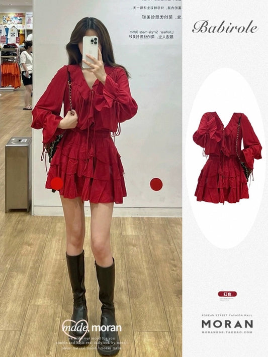 Early autumn foreign style age-reducing high-end sense red suit ruffled shirt top skirt two-piece dress female