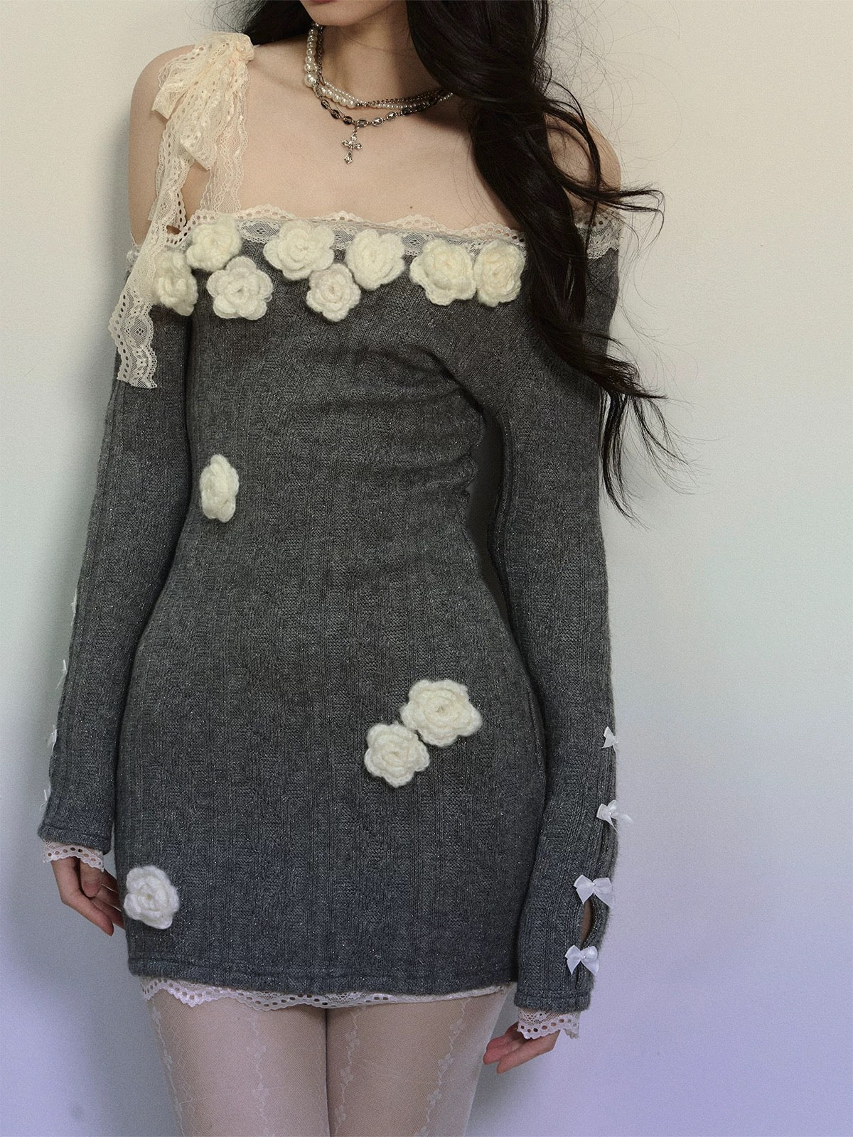 Shao Ye Yan Australian Wild Rose French Lace Off-shoulder Dress Women's Autumn and Winter Long Sleeve Slimming Hip Skirt Short Skirt