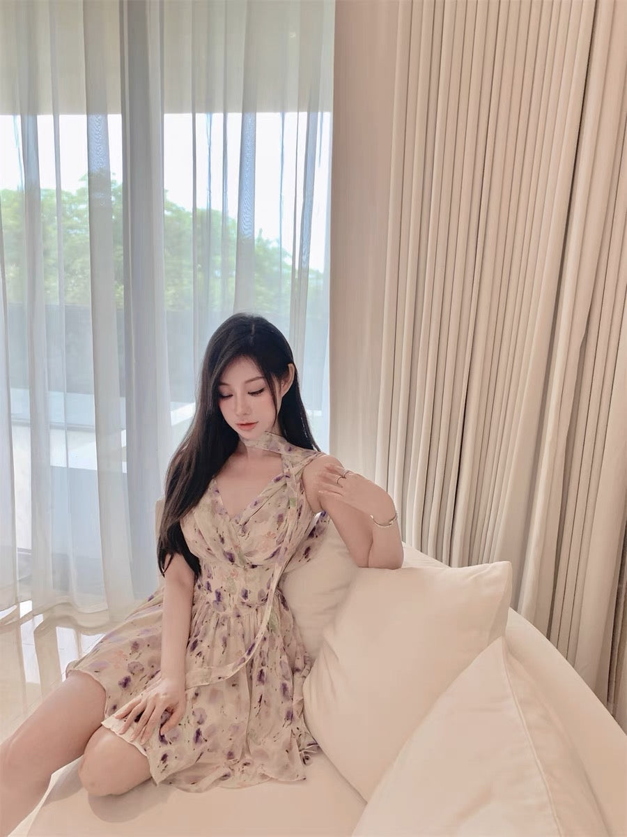Hotdog hot dog is very spicy [Loving lilac] purple floral dress women's summer strapless sleeveless (D058)