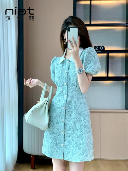 2023 new high-end French style puff-sleeved polo-neck dress for women with niche summer design