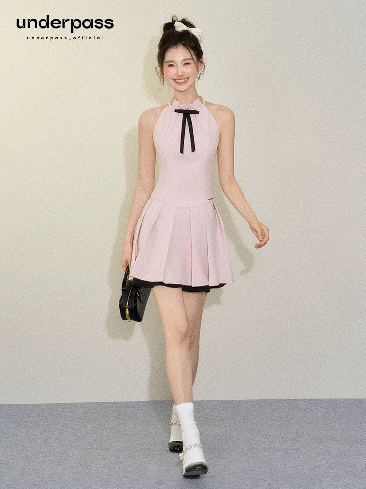 Underpass original design halter neck bow waist off-shoulder contrast color sleeveless a-line pleated dress for women