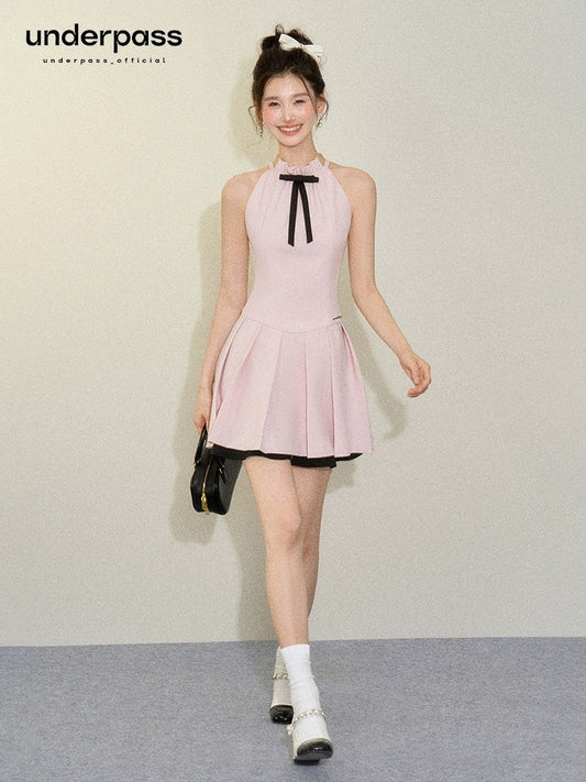 Underpass original design halter neck bow waist off-shoulder contrast color sleeveless a-line pleated dress for women