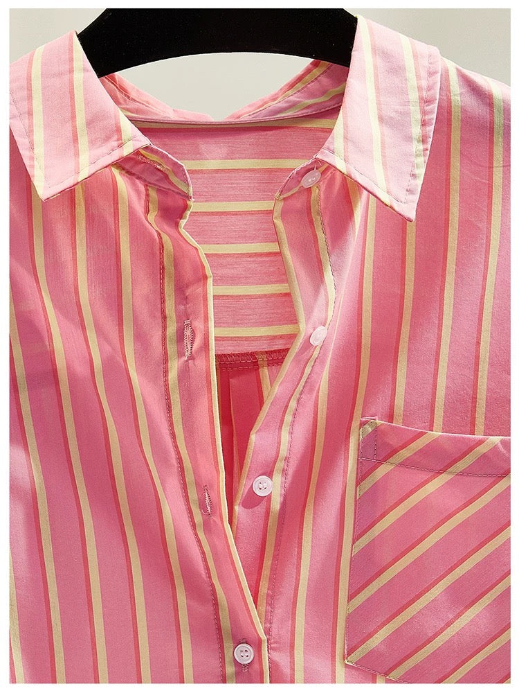 European style pink age-reducing striped cotton shirt for women spring and summer new Korean version loose single-breasted long-sleeved shirt