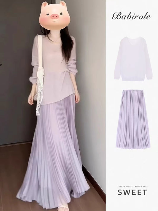 Spring/Summer French-style chic & alluring high-waisted slimming midi/maxi skirt set (purple pleated skirt)