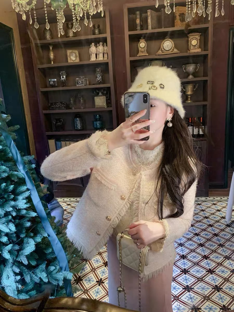 Fish Rabbit's Rabbit Small Fragrance Jacket Women's Winter 2023 New Style Fashionable Tassel Celebrity Pink Top