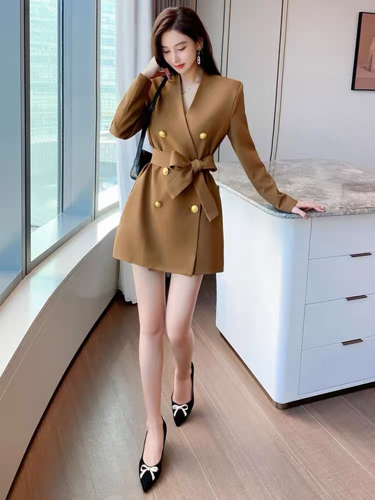 Blazer women's 2023 autumn new style high-end double-breasted strappy dress waist slimming trendy suit