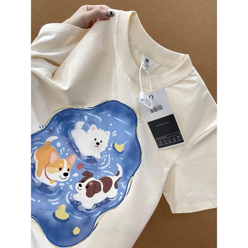 American style ins three bears printed cotton short-sleeved T-shirt men and women summer heavyweight all-match loose couple tops