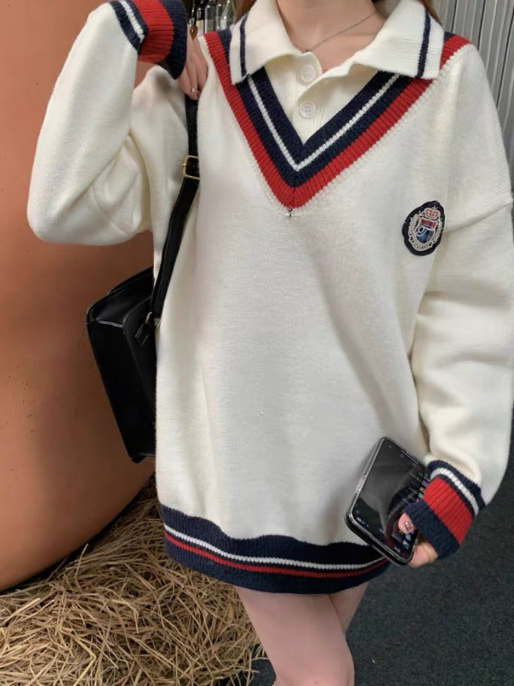 College style fake two-piece v-neck pullover sweater niche long-sleeved loose knitted sweater top for women autumn and winter 2023 new style