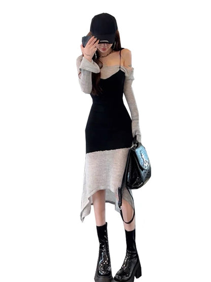 2023 early autumn new long-sleeved French knitted one-neck dress women's early autumn hot girl sexy hip skirt