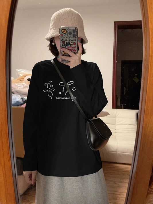 100% cotton American retro Hong Kong style chic straight shoulder long-sleeved T-shirt women's loose lazy niche design top