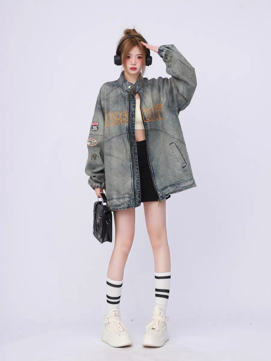 American retro washed distressed heavy industry embroidered stand collar oversize motorcycle jacket denim jacket for women spring and autumn trendy brand A3354