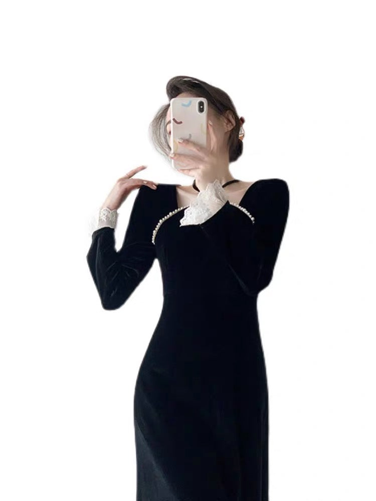 Hepburn style black velvet dress for women autumn new fashion temperament high-end French banquet dress long skirt