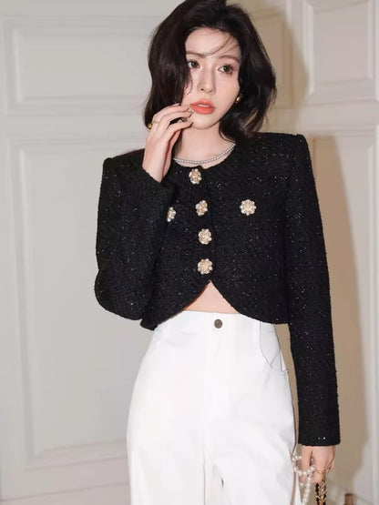 New clothes for early spring 2024! French style high-end black gold thin coat skirt suit for women S174