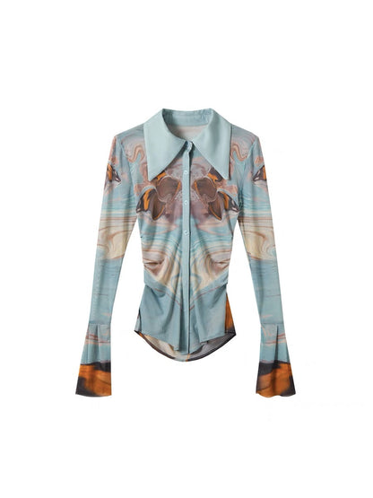 OfAkiva "Clothing Gagosian" Cheng Xiao's same style contrast printed shirt women's long-sleeved stretch mesh shirt (A098)