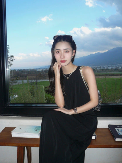 pusumede black halter dress female temperament loose large swing sleeveless off-shoulder French holiday style long dress