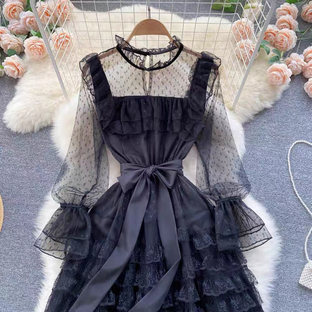 Palace style dress for women sweet fungus lace fairy dress sexy see-through polka dot mesh dress skirt (D0985)