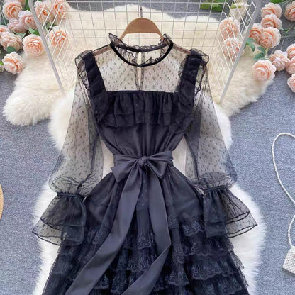 Palace style dress for women sweet fungus lace fairy dress sexy see-through polka dot mesh dress skirt (D0985)