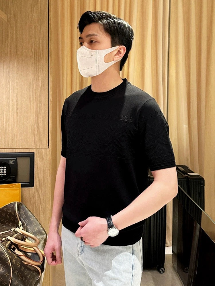 New summer white clothes men's round neck shirt T-shirt High-end custom solid color diamond jacquard short-sleeved T-shirt men